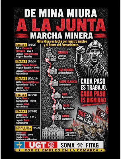 SOMA-FITAG UGT anuncia una marcha a pie tras el encierro en Mina Miura, y traslada su presión a la carretera